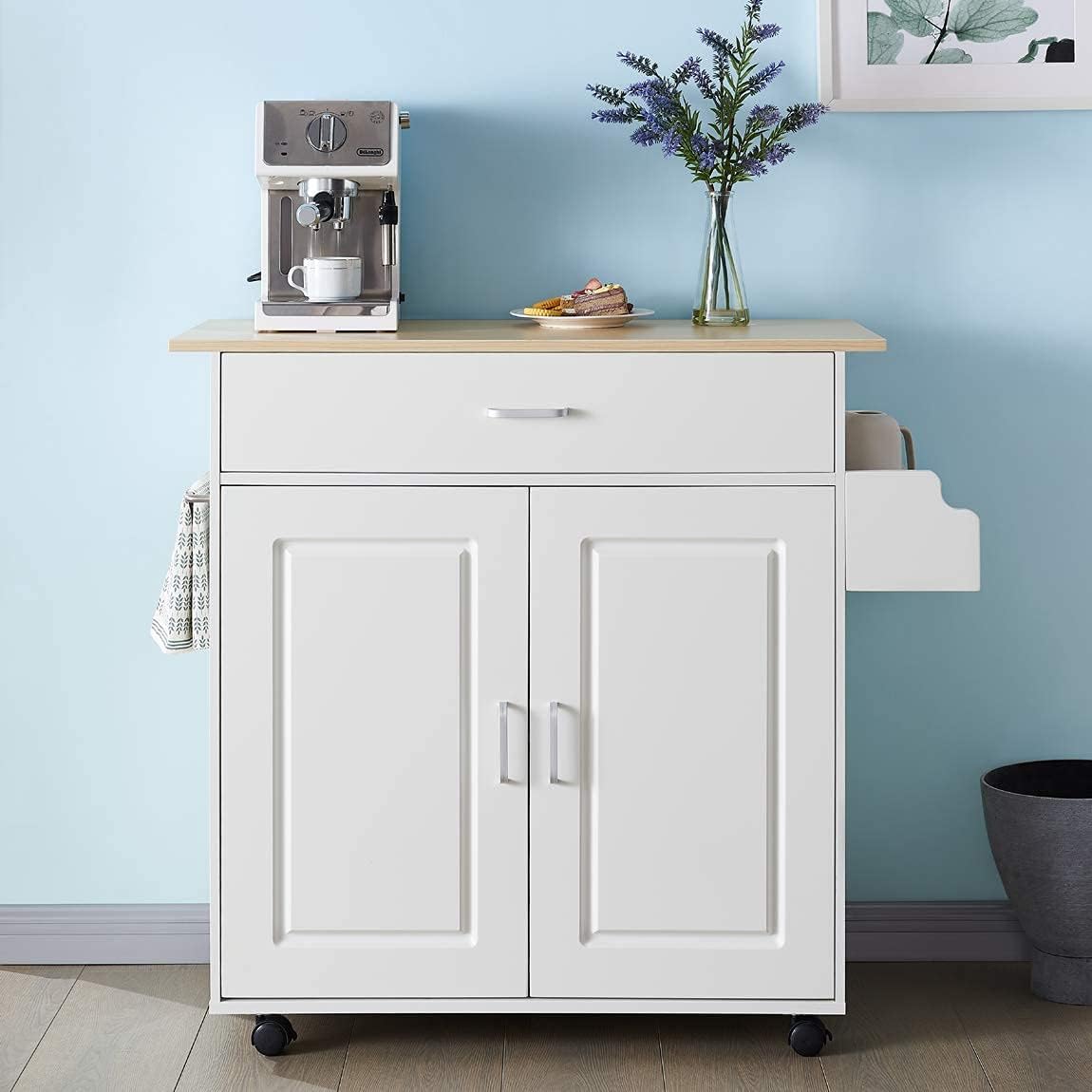White Kitchen Island with Storage on Wheels X171