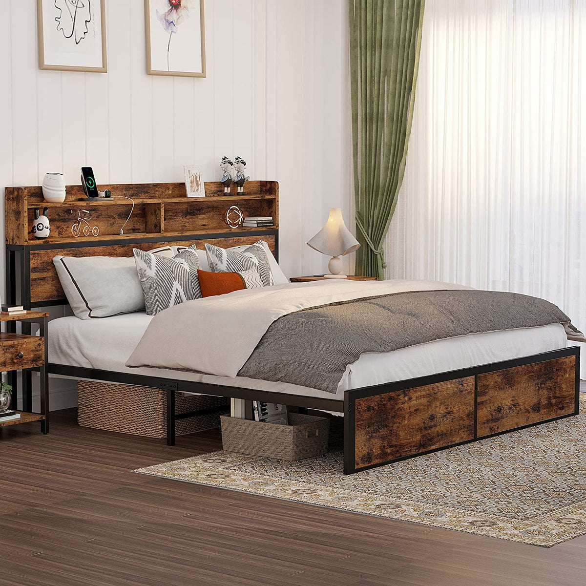 King Size Platform Storage Bed with Bookcase Headboard G7024