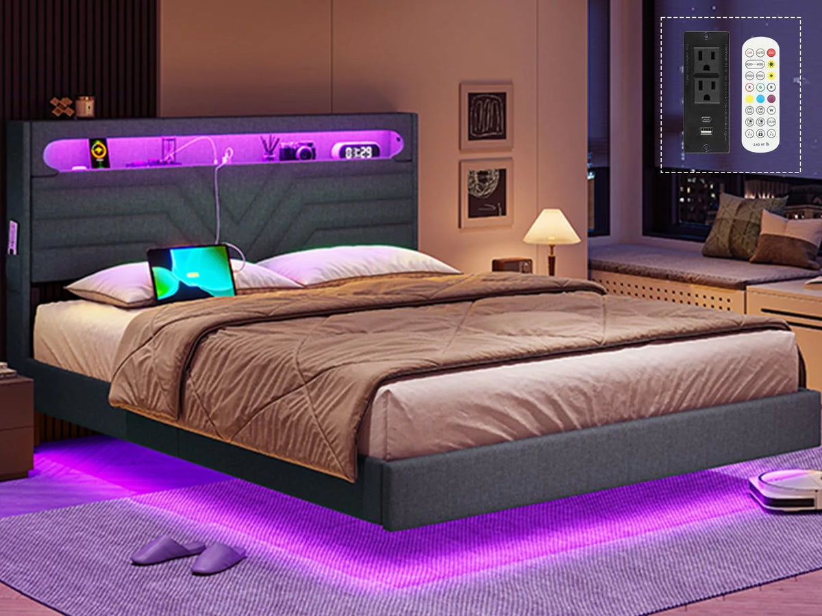 Queen Size Fabric Upholstered Platform Bed Frame with Storage Headboard V991719