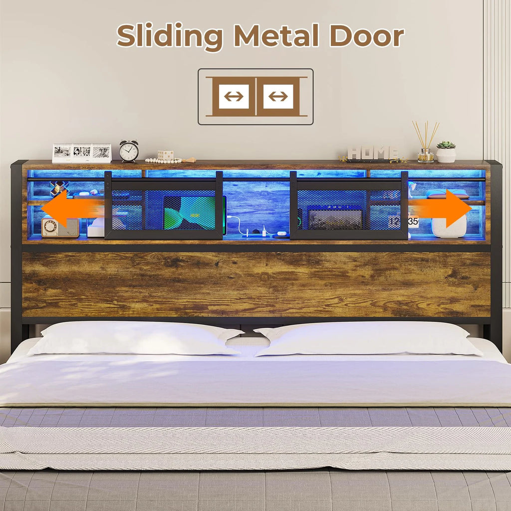 Queen Size Metal Platform Bed Frame with Storage Headboard G440