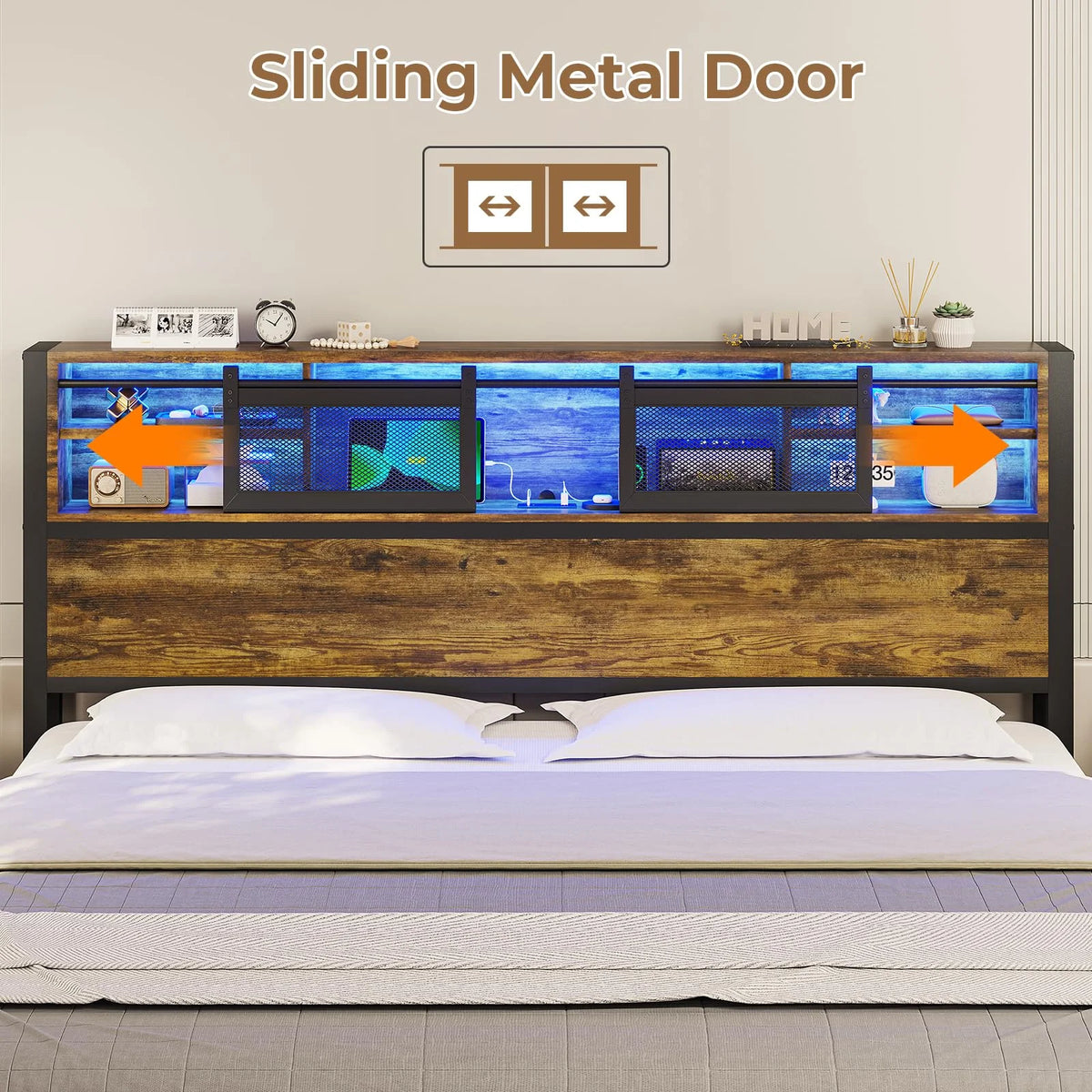 Queen Size Metal Platform Bed Frame with Storage Headboard G440
