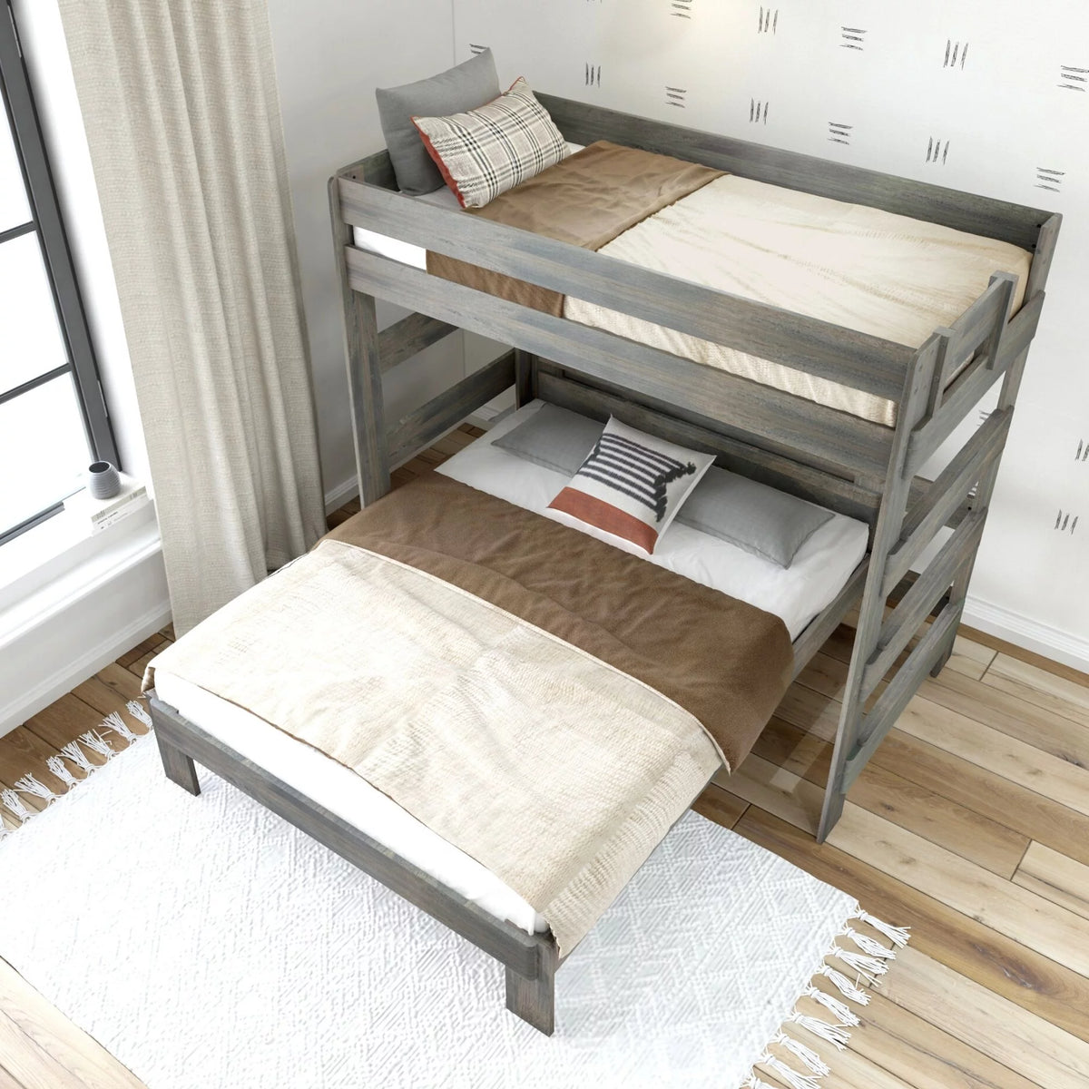 Solid Wood Twin over Queen L-Shaped Bunk Bed I708511