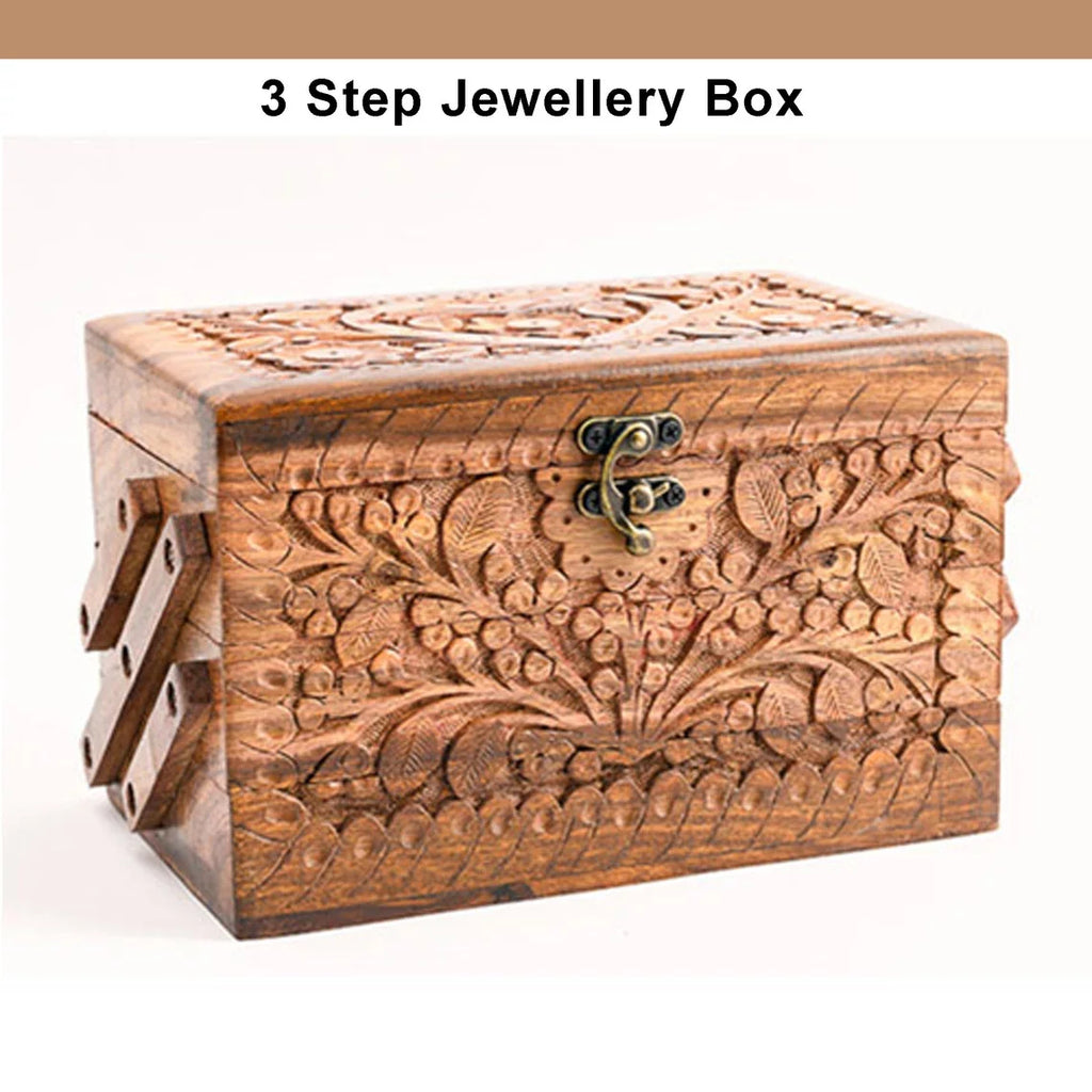 Hand Carved Wooden Jewelry Organizer with Lock T9891