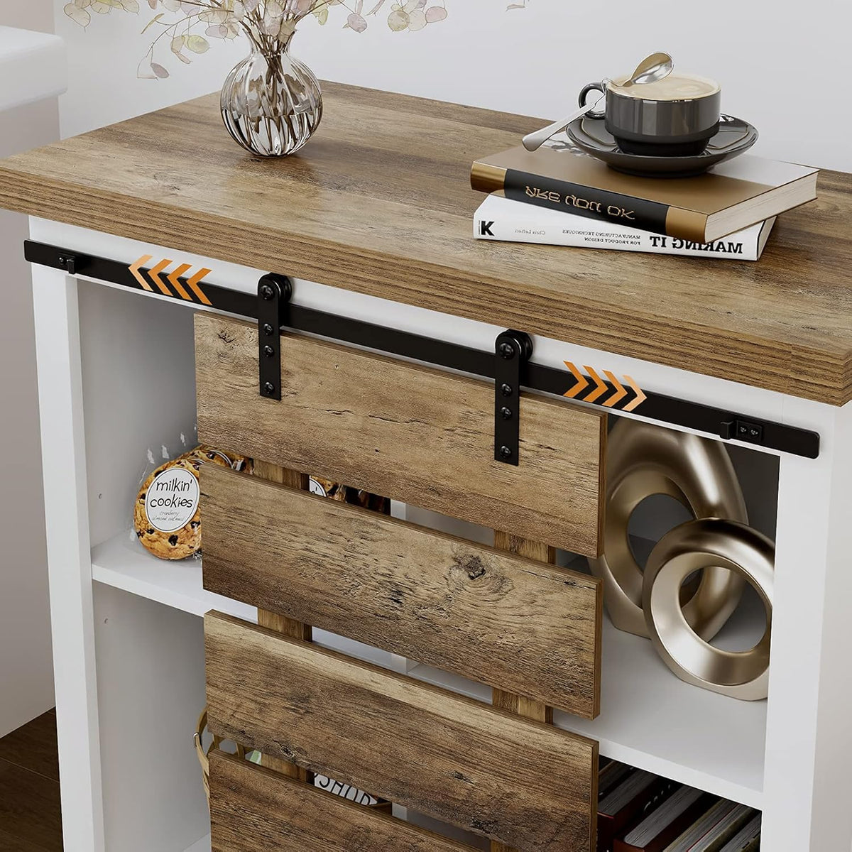 Rustic Brown and White Storage Cabinet with Adjustable Shelf F6642