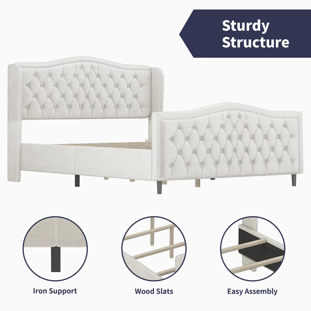 King Size Bright White Button Tufted Velvet Upholstered Platform Bed Frame C8757
