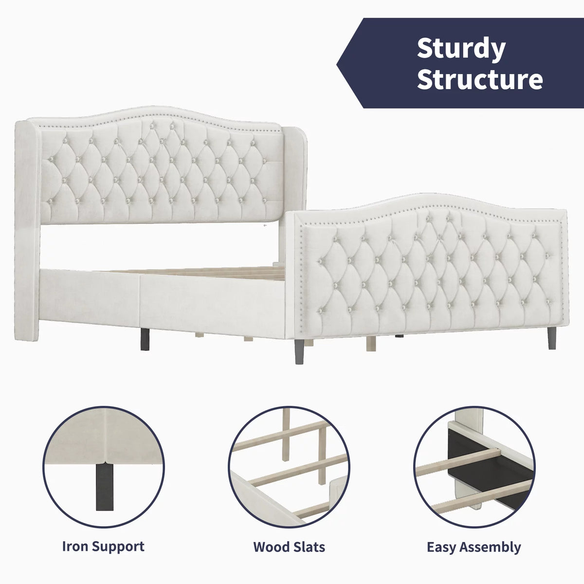 King Size Bright White Button Tufted Velvet Upholstered Platform Bed Frame C8757