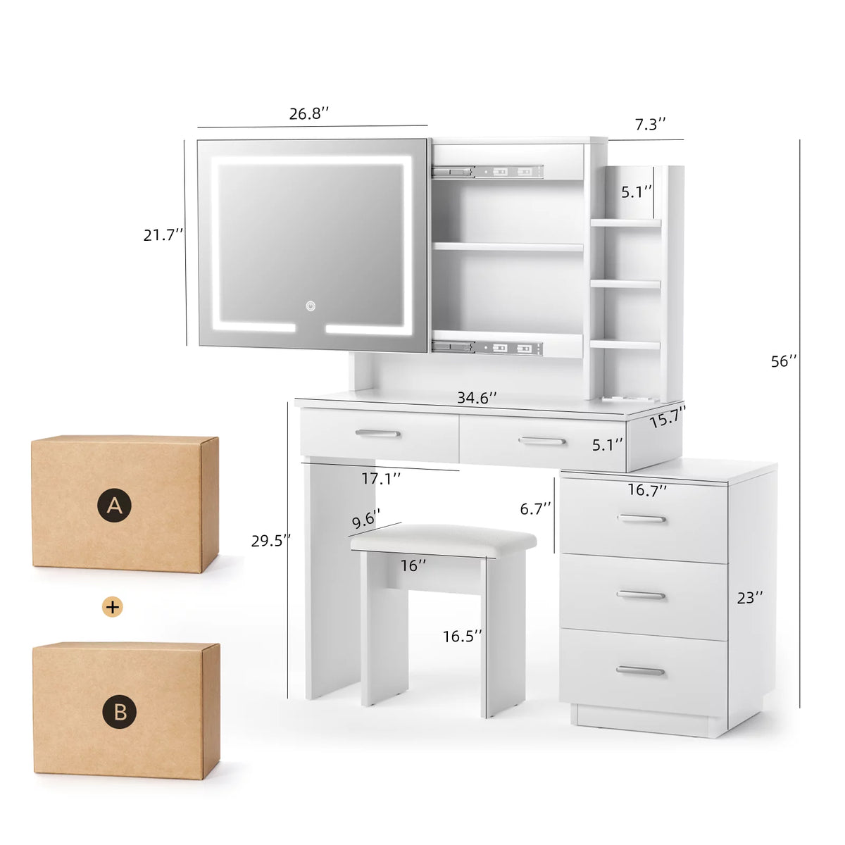 White Makeup Vanity Desk with Lighted Mirror and 3-Drawer Chest F448