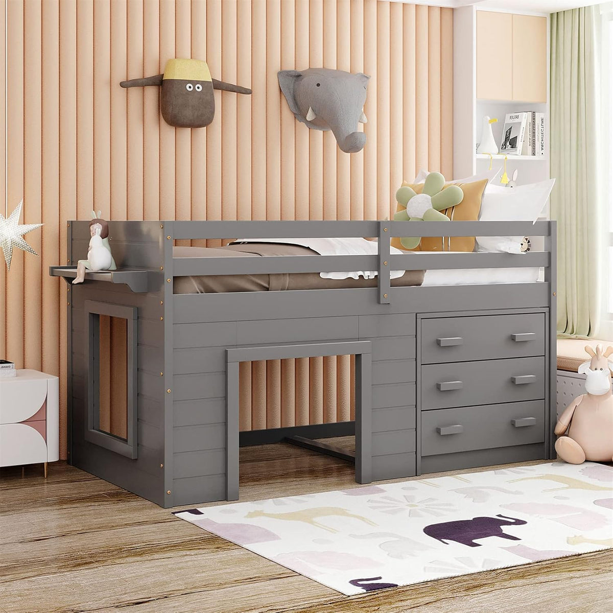White Wood Twin Loft Bed with Storage Drawers Q5762
