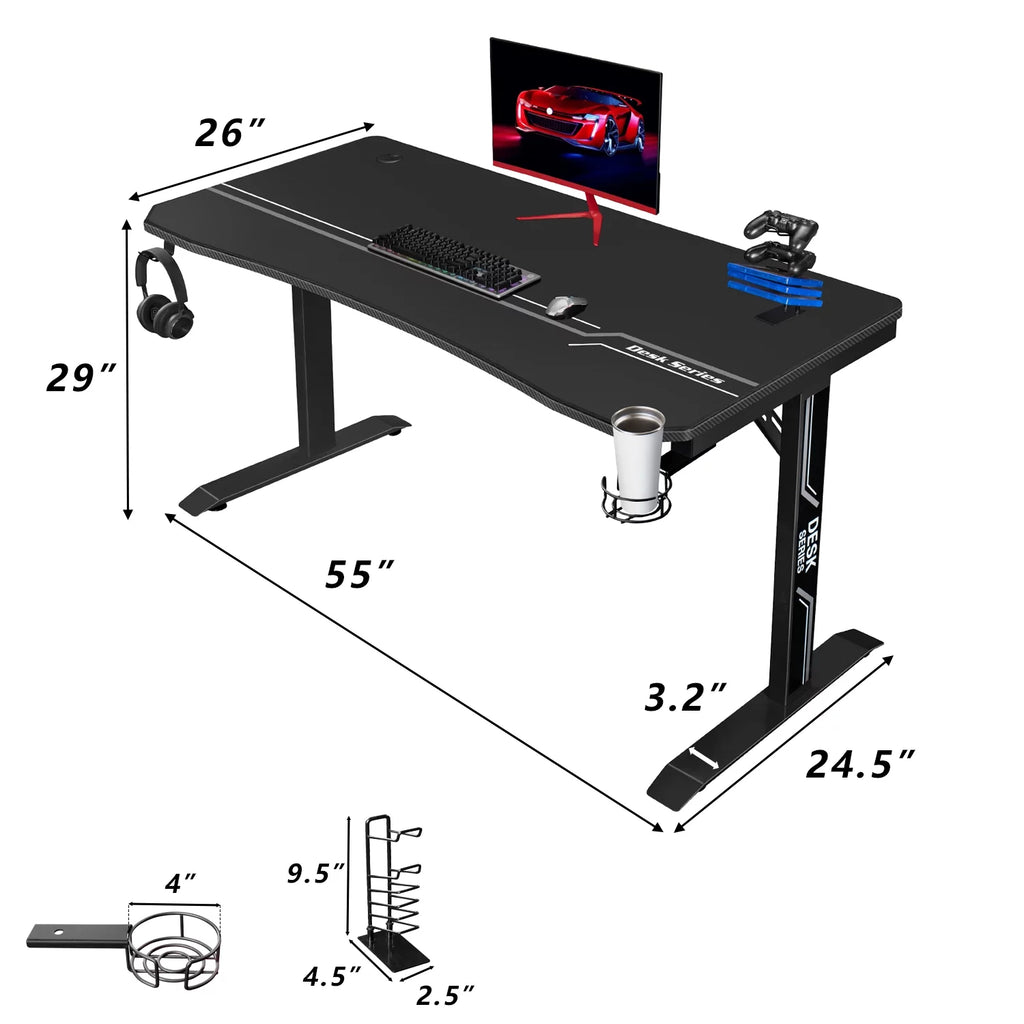 Black Gaming Computer Desk with Cup Holder and Headphone Hook W6941