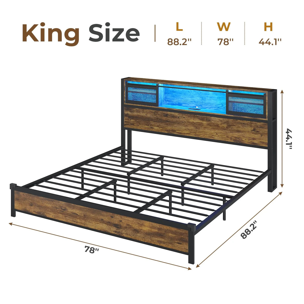 Queen Size Metal Platform Bed Frame with Storage Headboard G440
