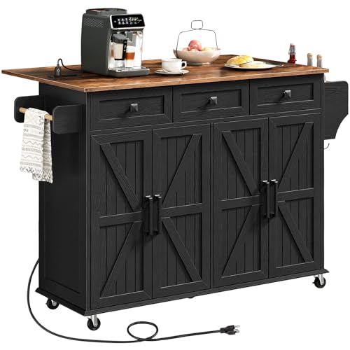 White and Walnut Kitchen Island with Drop Leaf, Charging Station, 3 Drawers and Storage W250