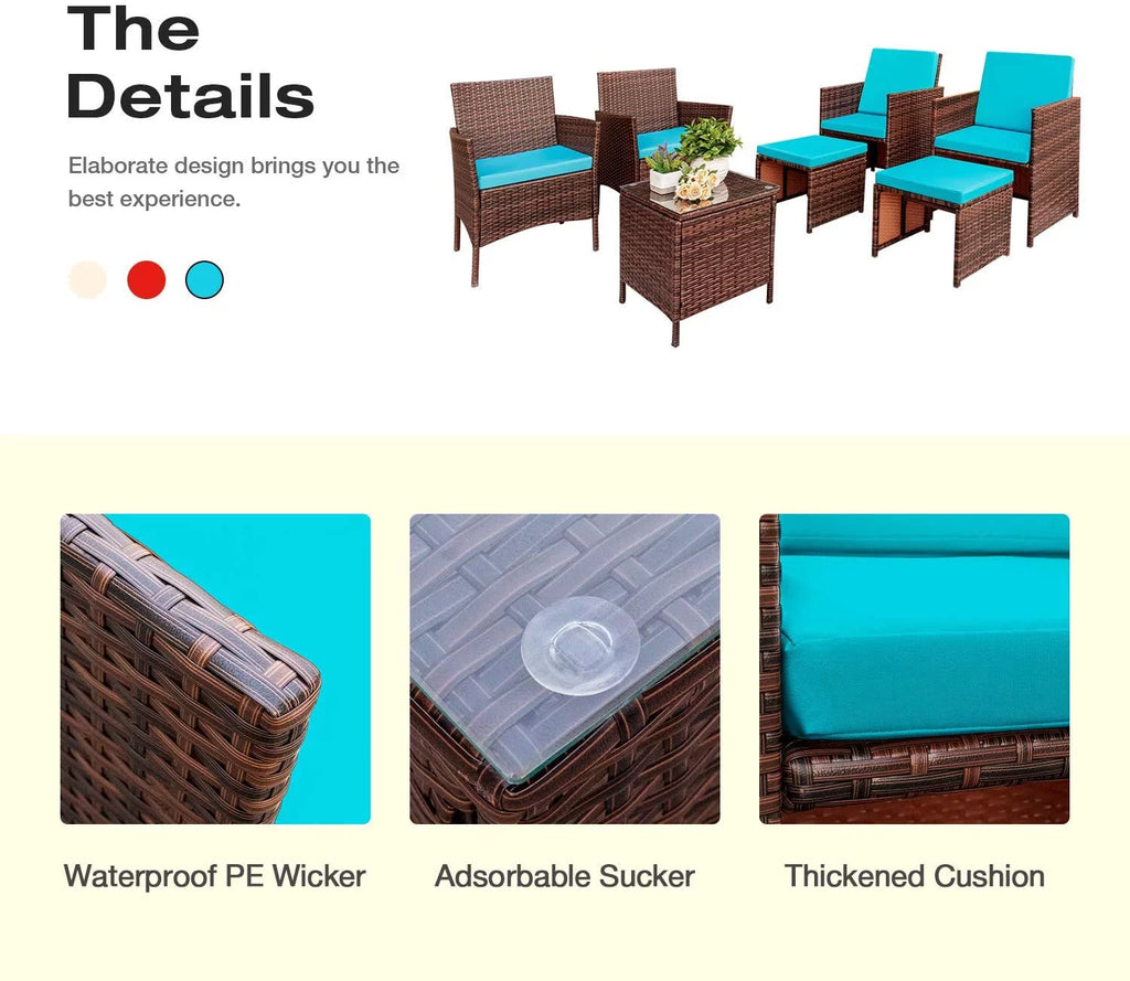 7 Pieces Patio Furniture Set Cushioned Wicker Chairs with Ottoman and Glass Table E815941