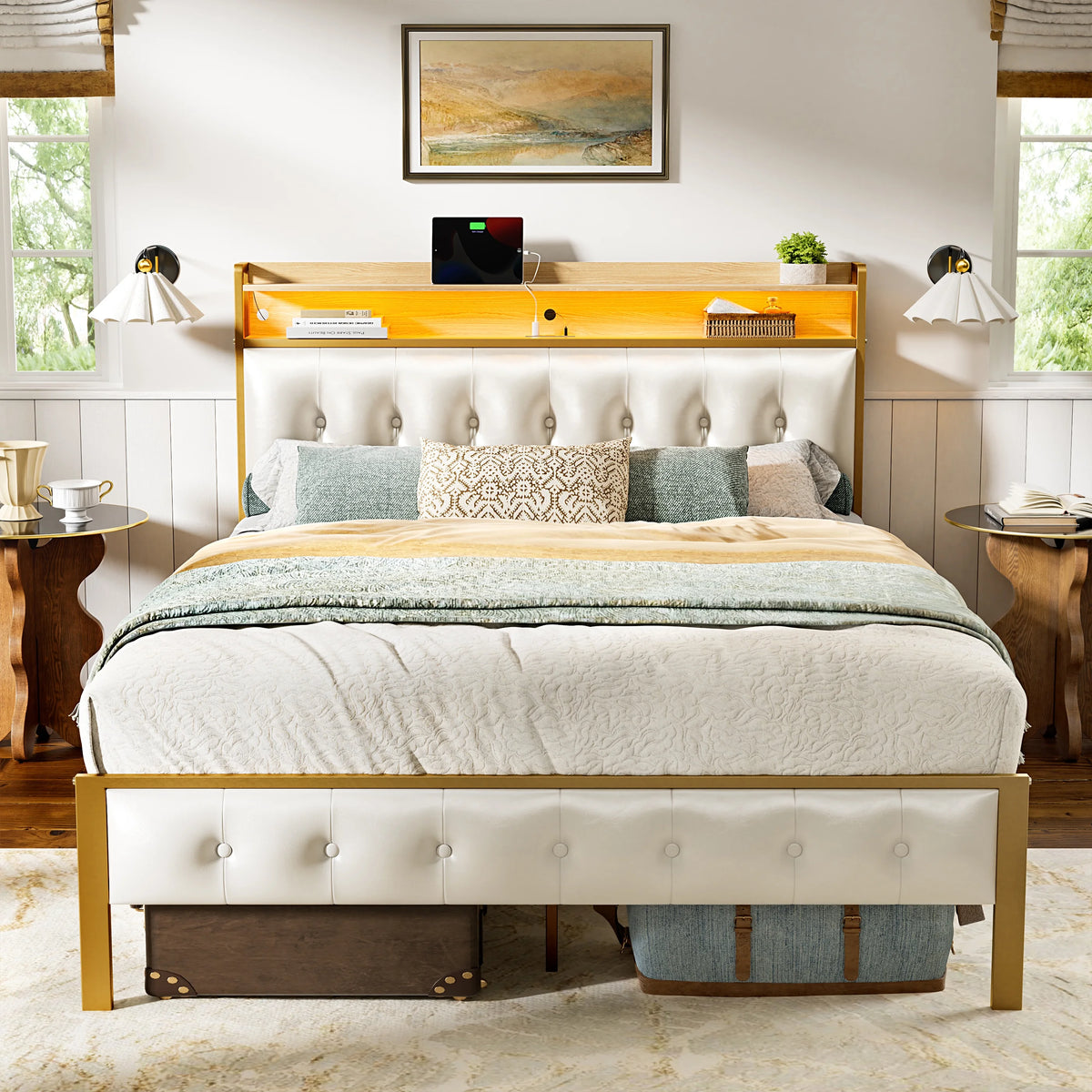 Queen Upholstered Platform Bed Frame with Storage Headboard F761144
