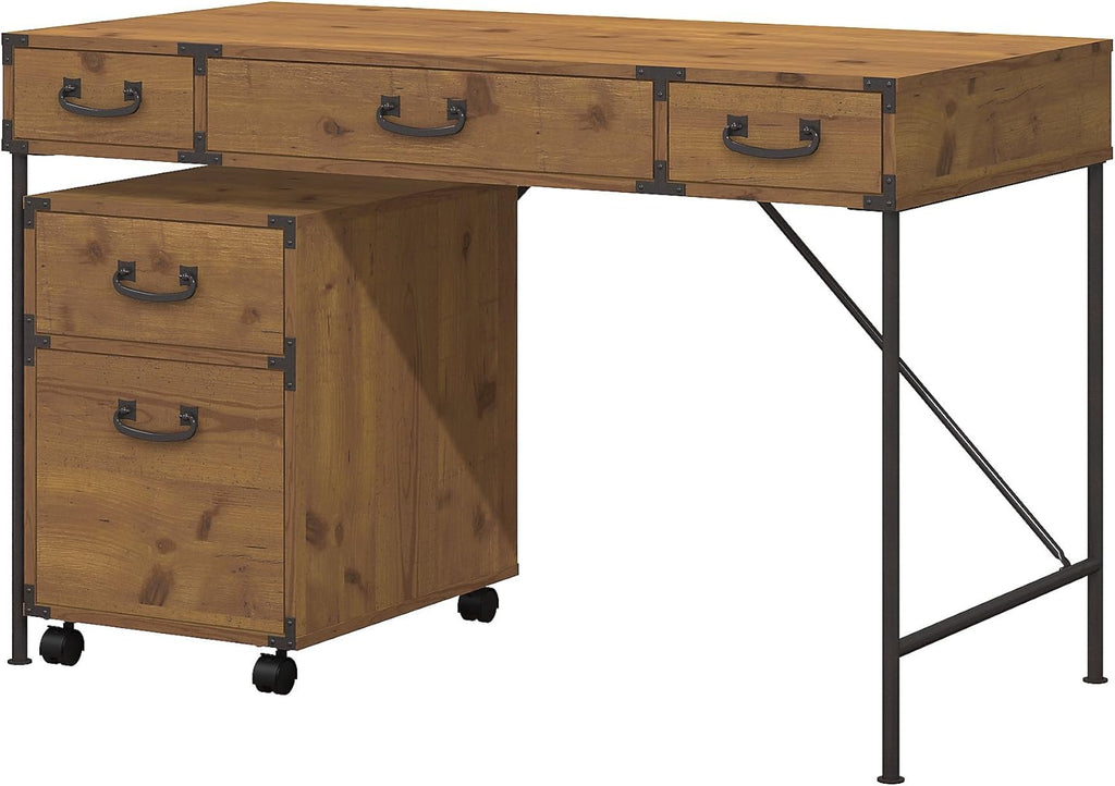 Vintage Golden Pine Writing Desk with 2 Drawer File Cabinet C160