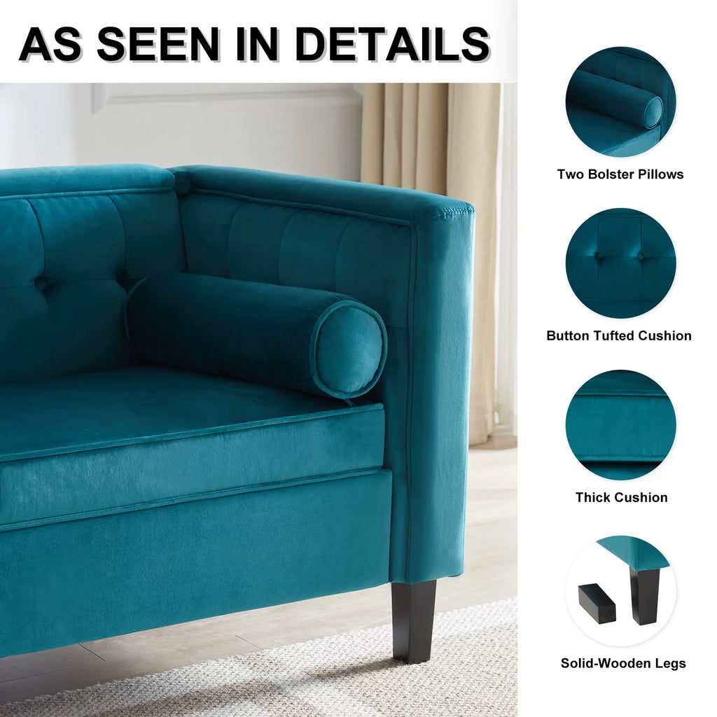 Peacock Blue Velvet Sofa with Bolster Pillows J854119