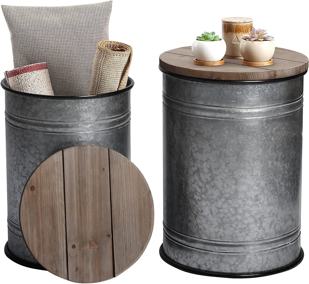 Galvanized Metal Side Table with Wood Lid Z492