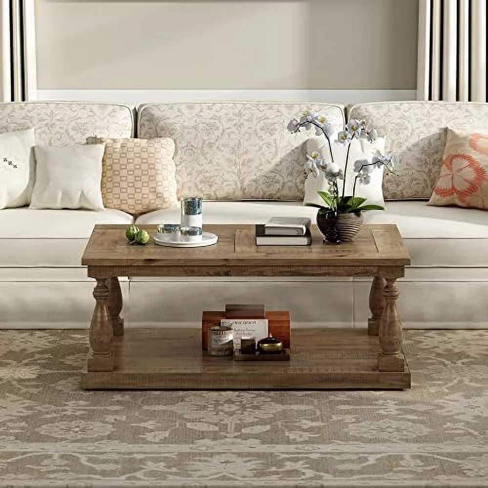 Yellow Brown Solid Pine Wood Coffee Table with Storage Shelf Z9847