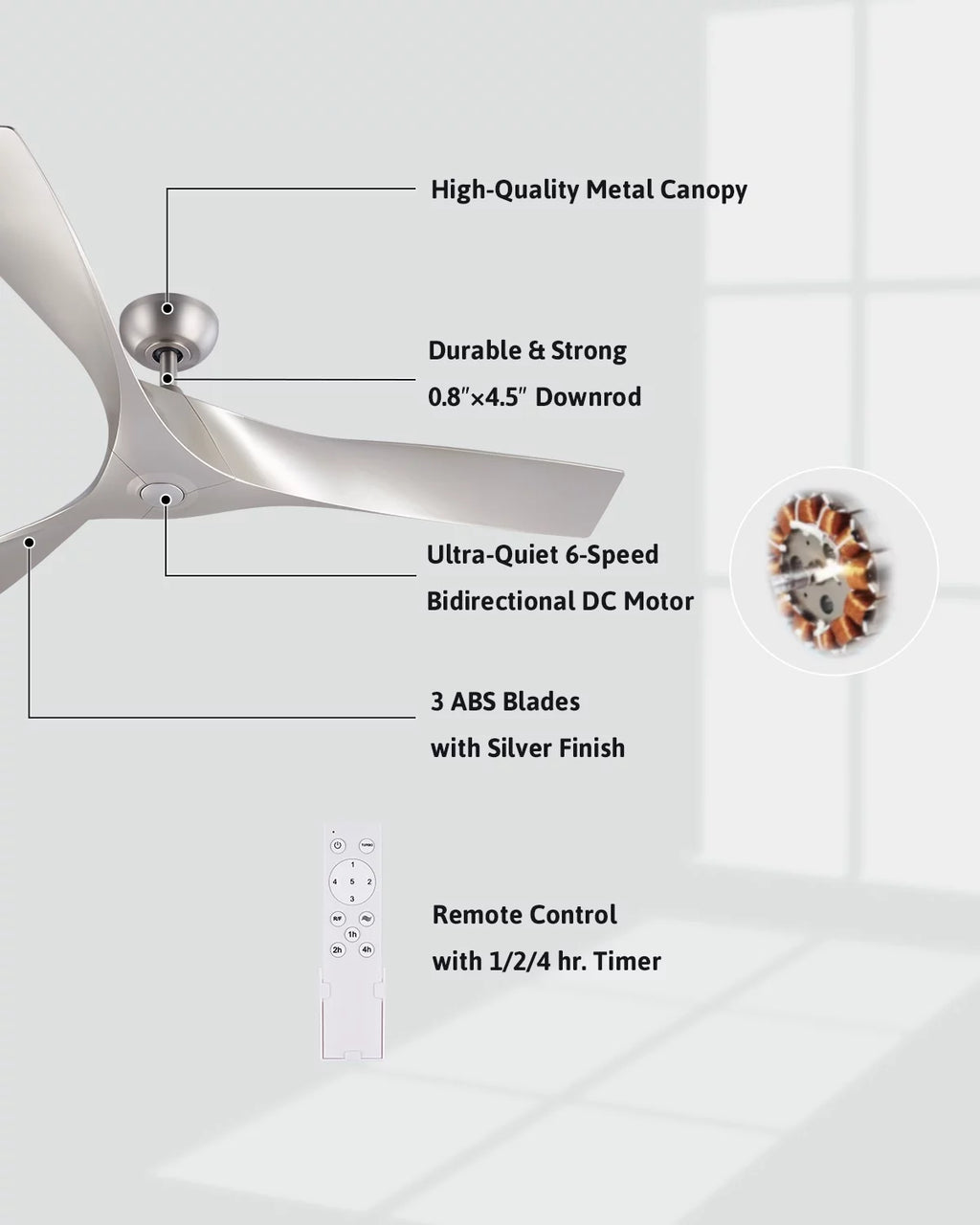52" Farmhouse Ceiling Fan with Remote 6 Speeds Silver X710