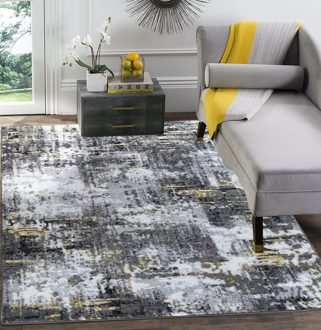 Black Yellow Gray White Distressed Geometric Abstract Rug Z476713