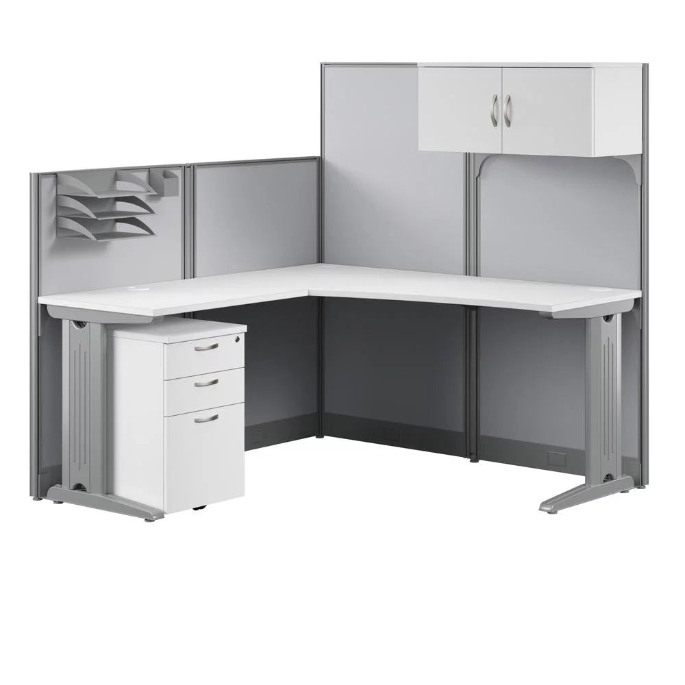 L Cubicle Desk with Storage in Pure White Engineered Wood G4961