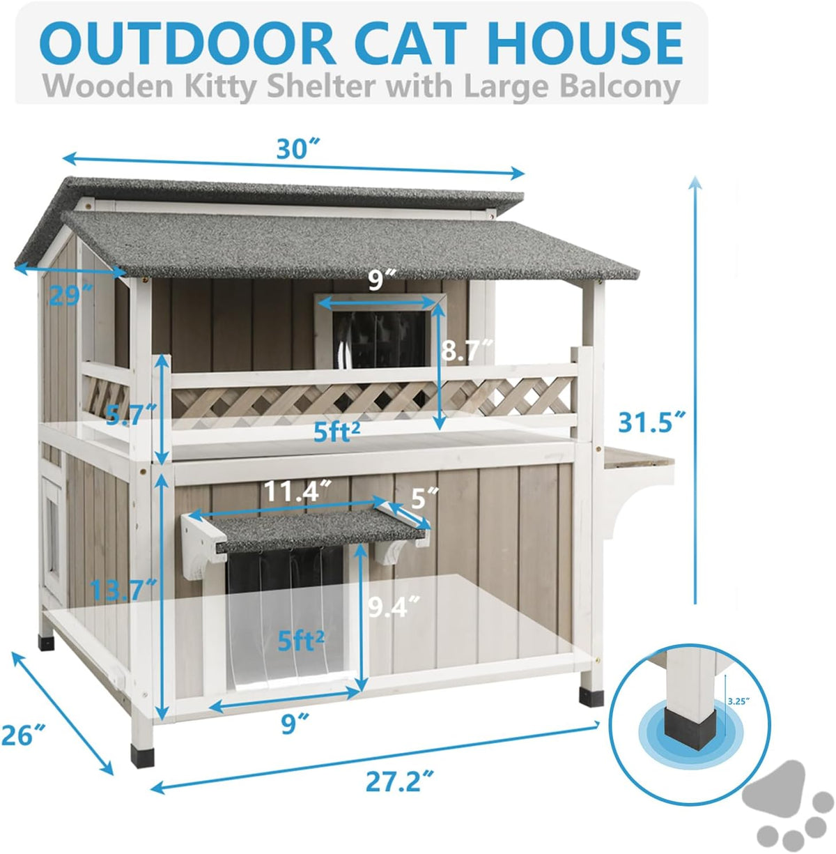 Outdoor 2-Story Wooden Cat House with Balcony S7835