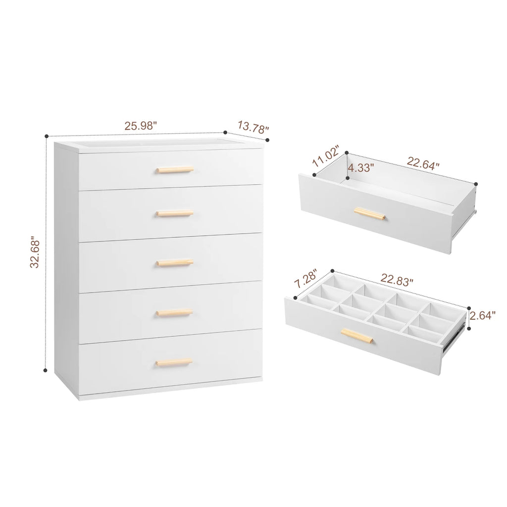 Black 5 Drawer Wood Dresser with Tempered Glass Top F753