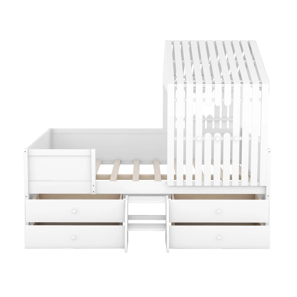 Full Size Low Loft Bed with Roof and Drawers, White G728264