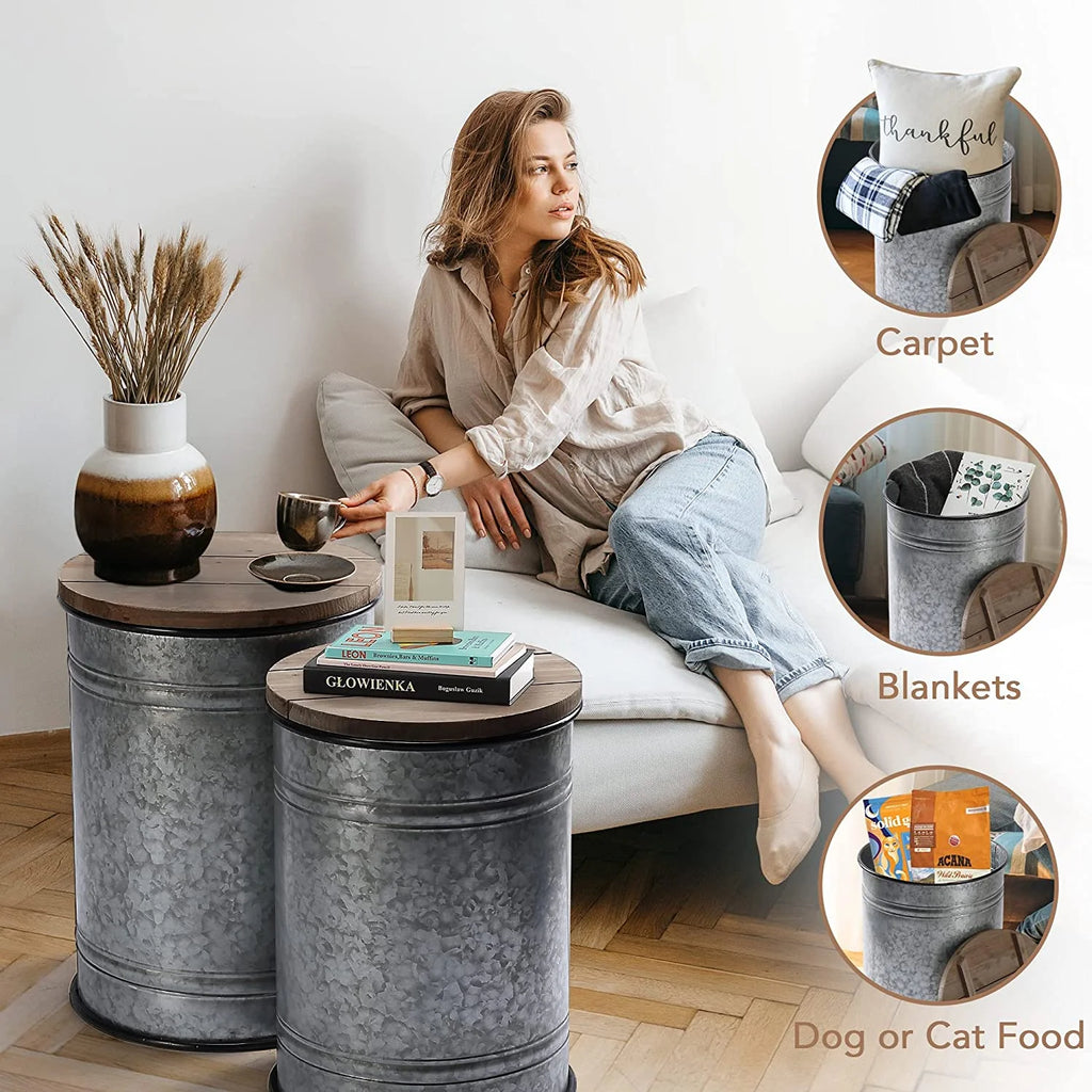 Galvanized Metal Side Table with Wood Lid Z492