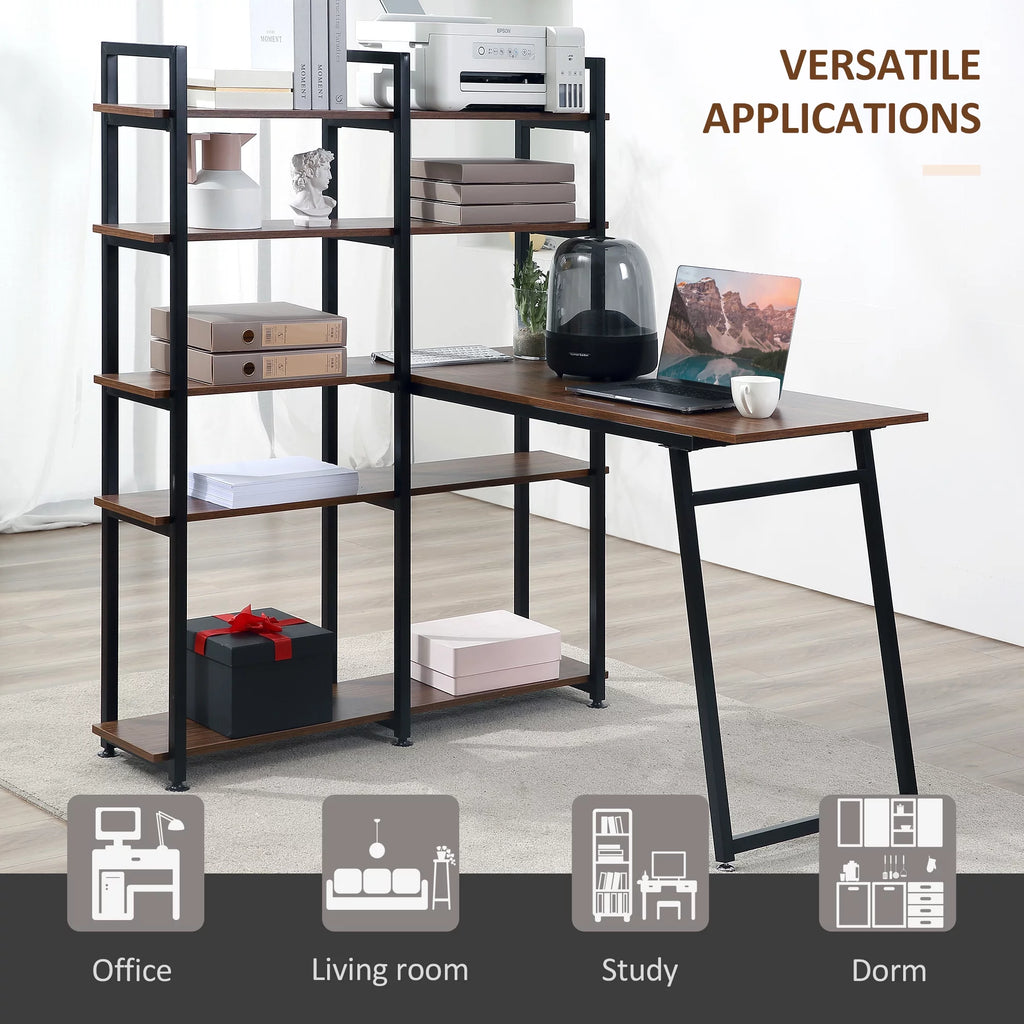 Black Walnut L-Shaped Computer Desk with Display Shelves L6050