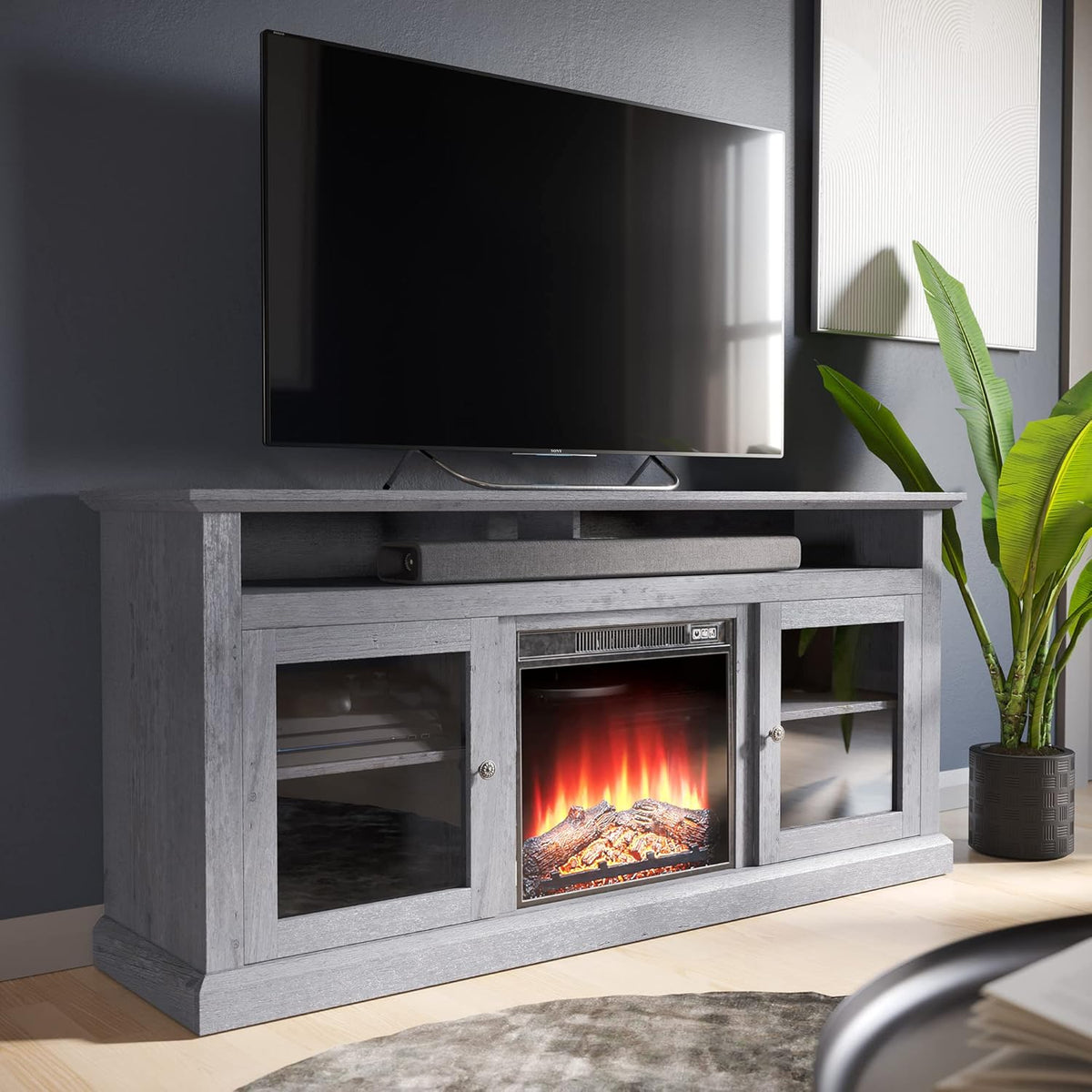60 Inch Electric Fireplace TV Stand with Open Storage Shelves & Cabinets U5606