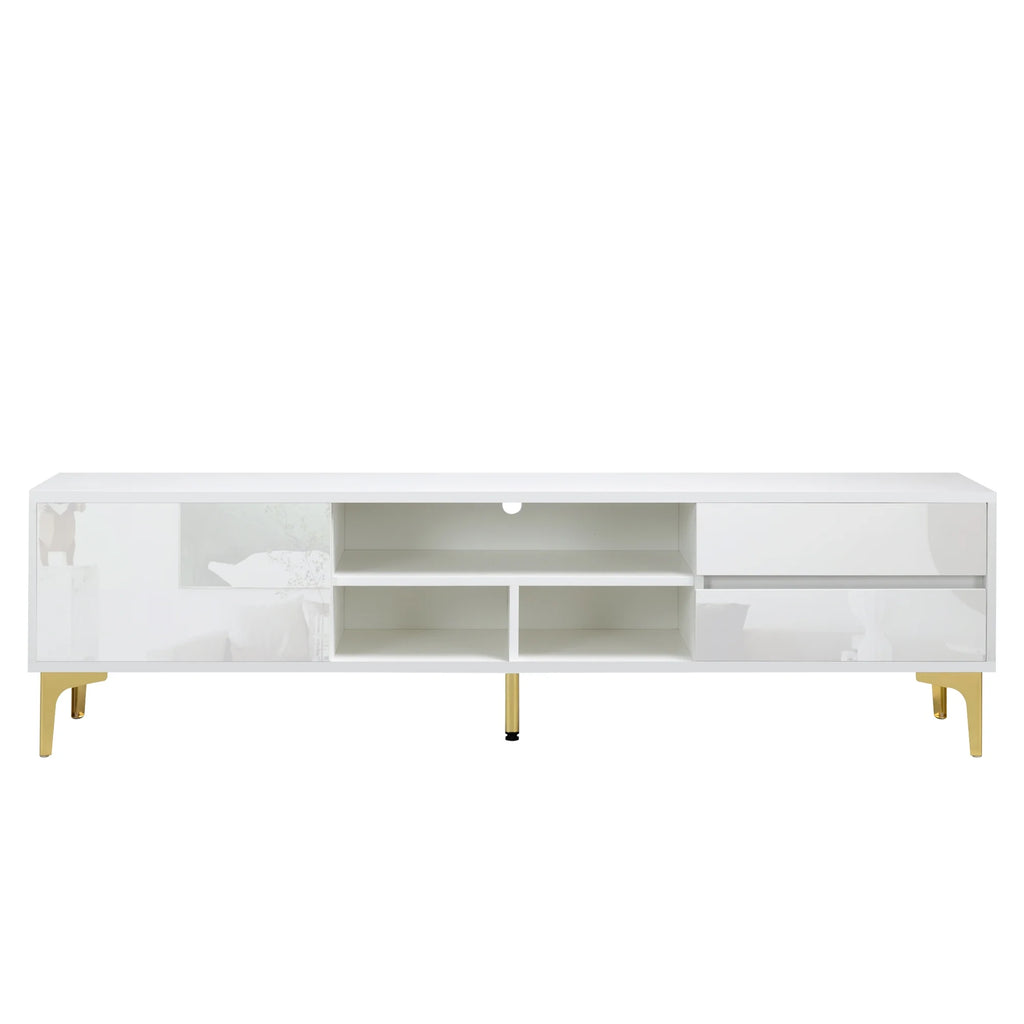 White TV Stand with LED Lights and Gold Metal Legs H883