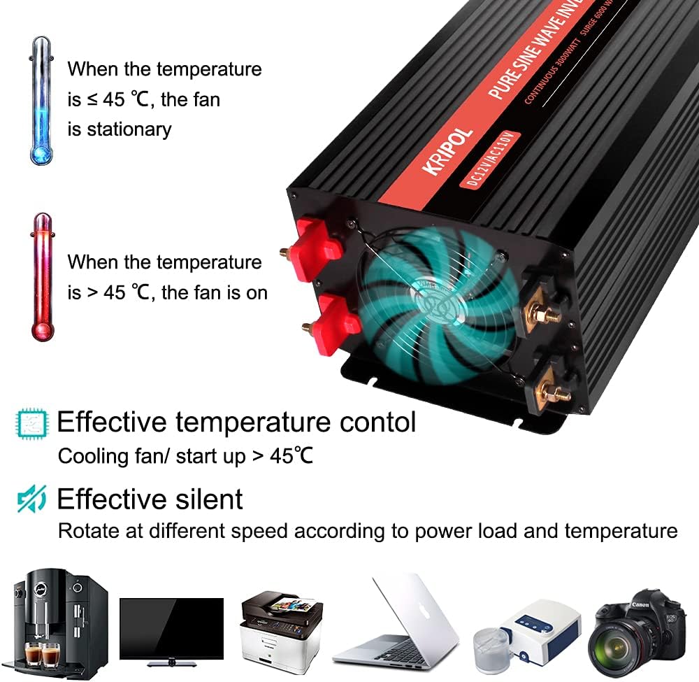 3000 Watt Pure Sine Wave Inverter 12V DC to 110V/120V AC with 4 AC Outlets & USB J6068