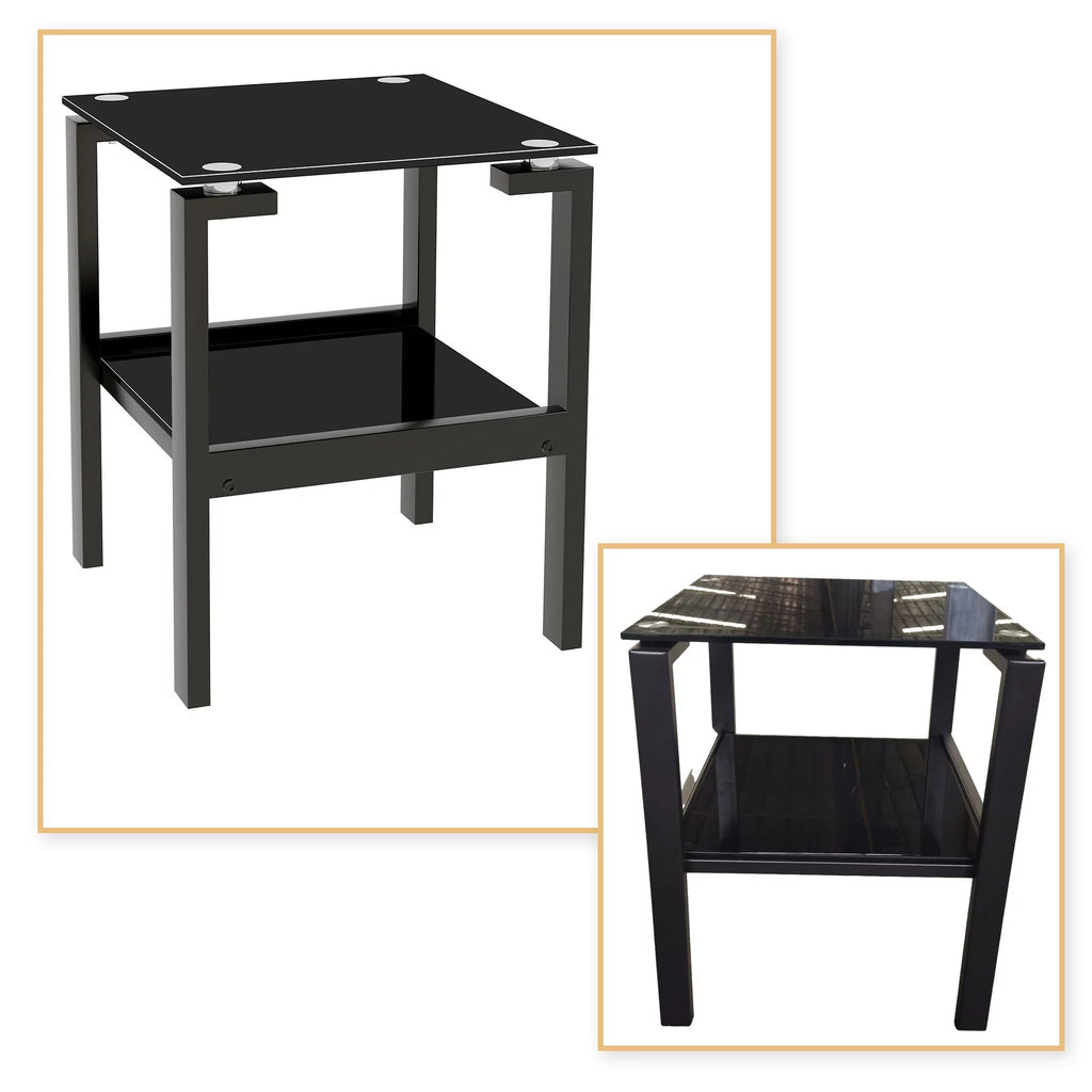 Black Glass Floor-standing End Table with Metal Legs and Open Shelf O2116
