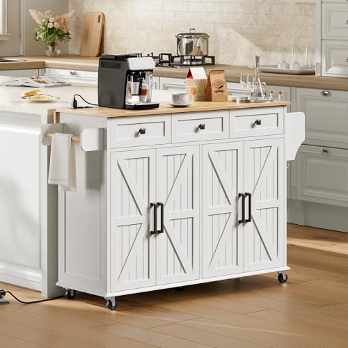 White and Walnut Kitchen Island with Drop Leaf, Charging Station, 3 Drawers and Storage W250