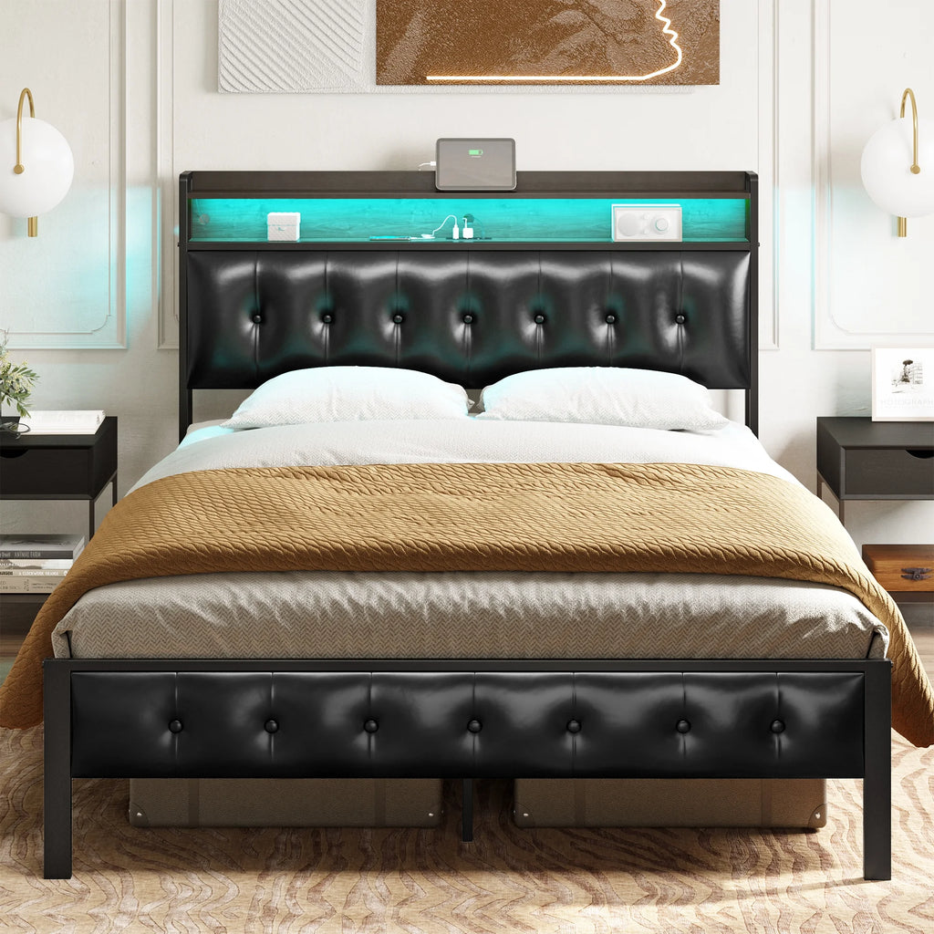 Queen Upholstered Platform Bed Frame with Storage Headboard F761144