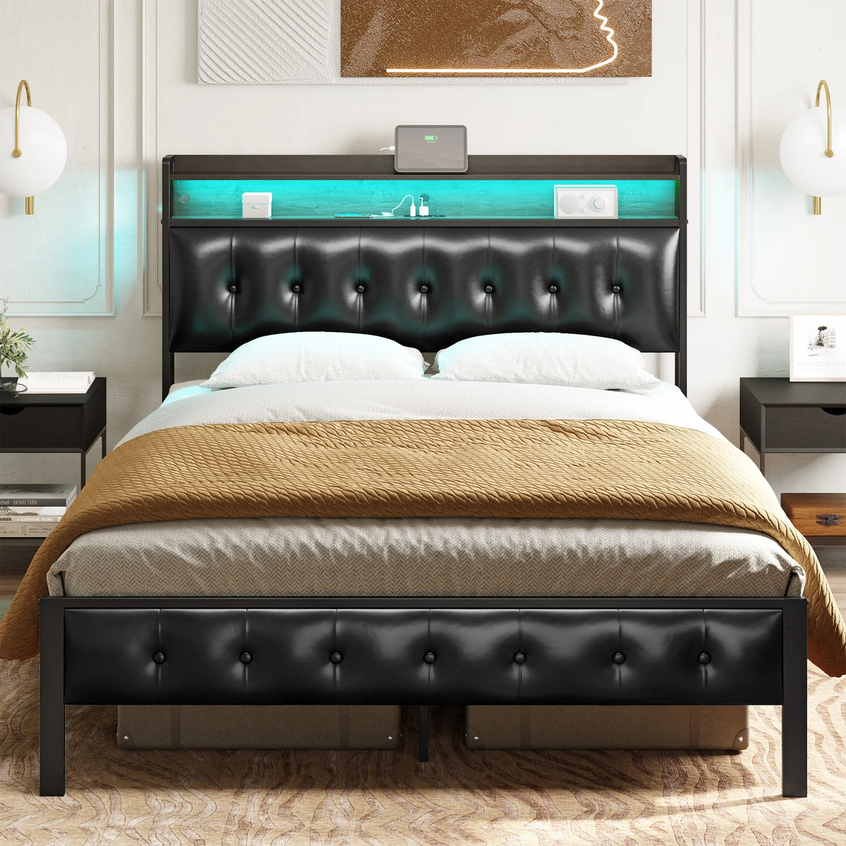 Queen Upholstered Platform Bed Frame with Storage Headboard F761144