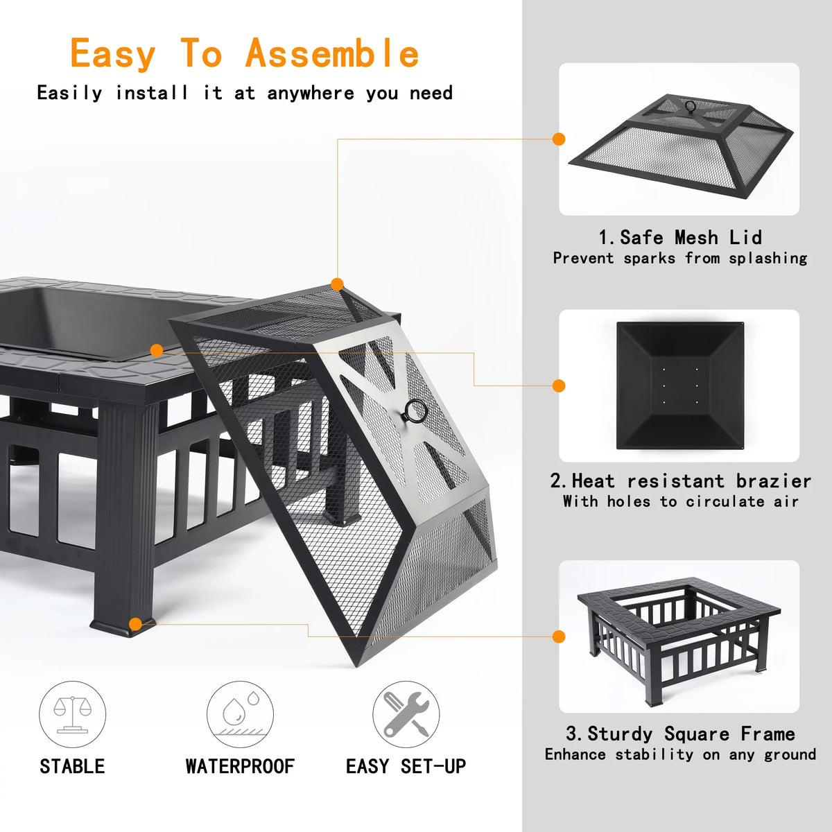 32 Square Metal Fire Pit Table with Spark Screen & Log Poker R899306