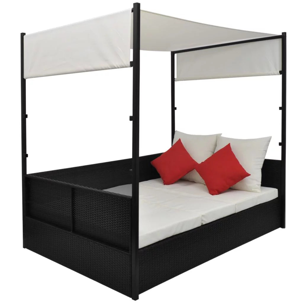 Black Poly Rattan Garden Bed with Canopy X2162