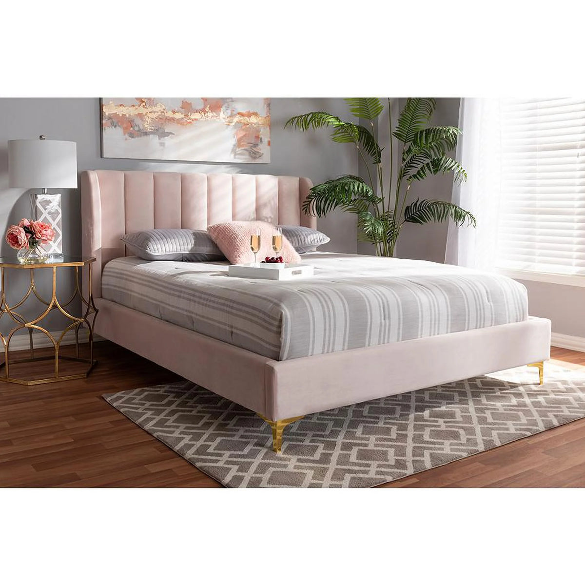 Light Pink Velvet Queen Size Platform Bed S64844