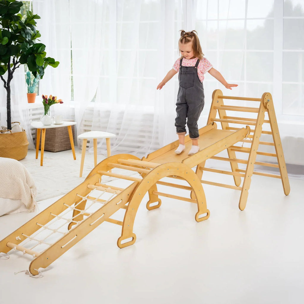 4-in-1 Wooden Foldable Indoor Playground with Climbing Arch Slide Board and Net A14204
