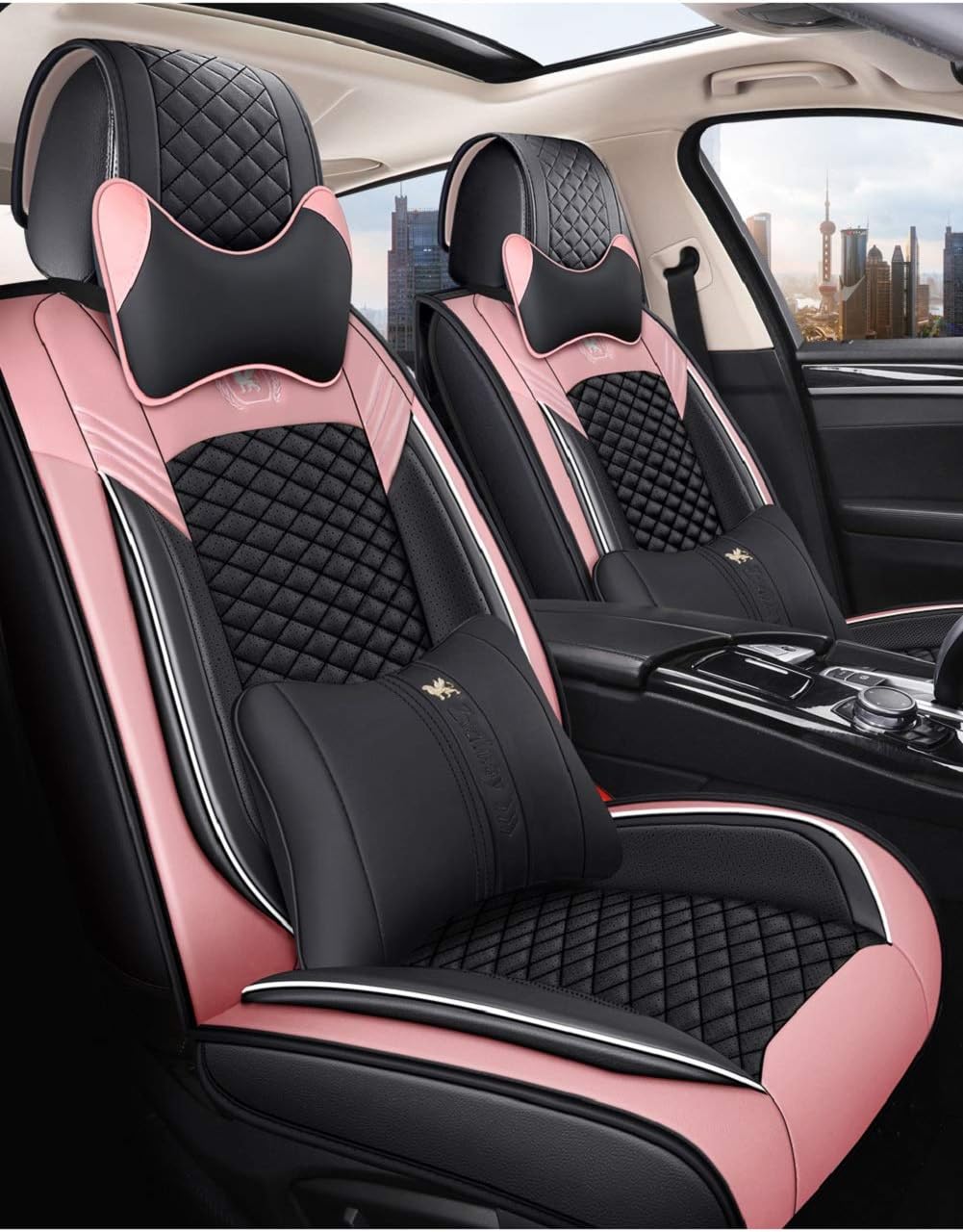 Leather Car Seat Covers 5 Seats Full Set Black-Grey V4909