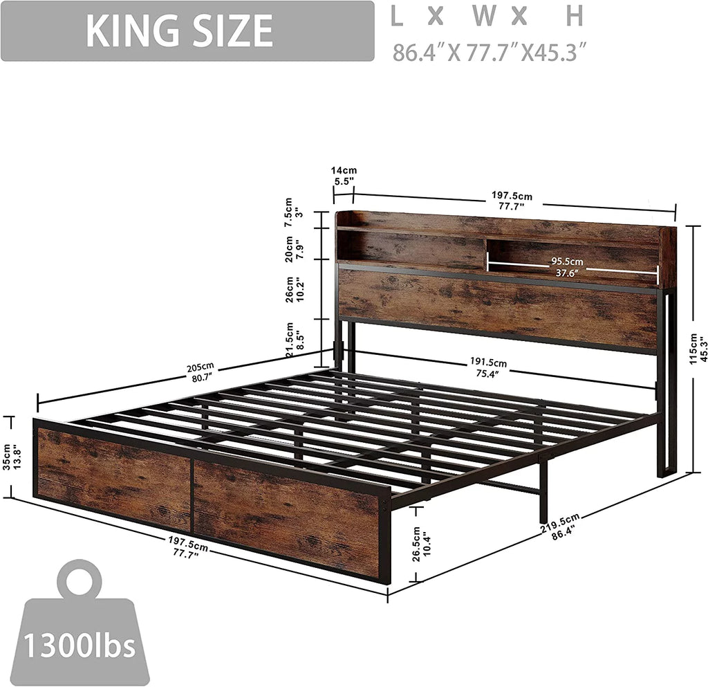 King Size Platform Storage Bed with Bookcase Headboard G7024