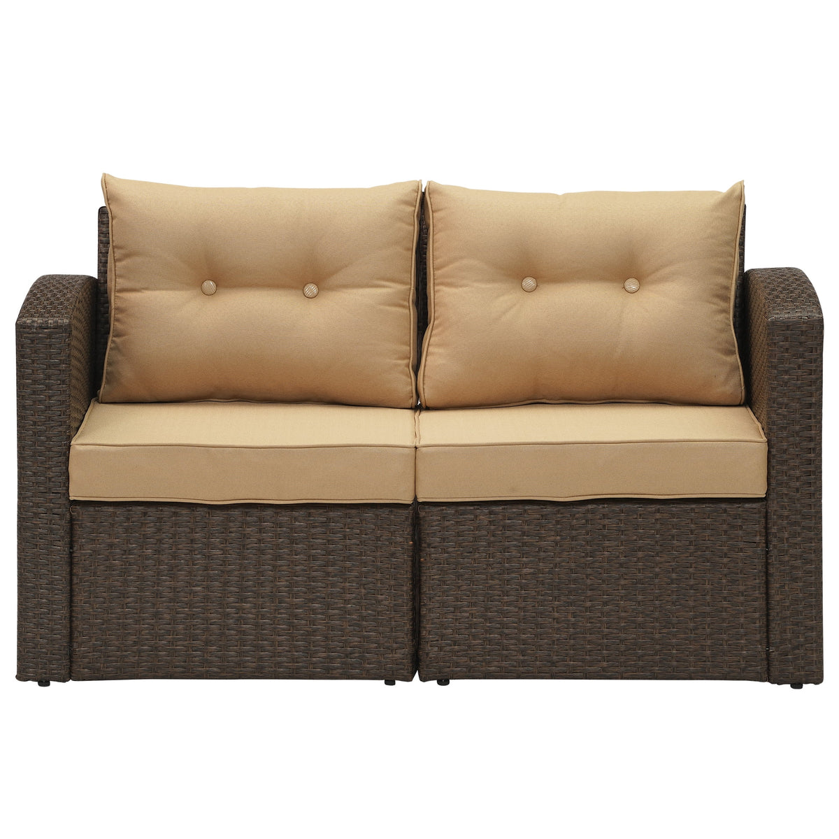 Brown Wicker Rattan Corner Sofa with Beige Cushions E332