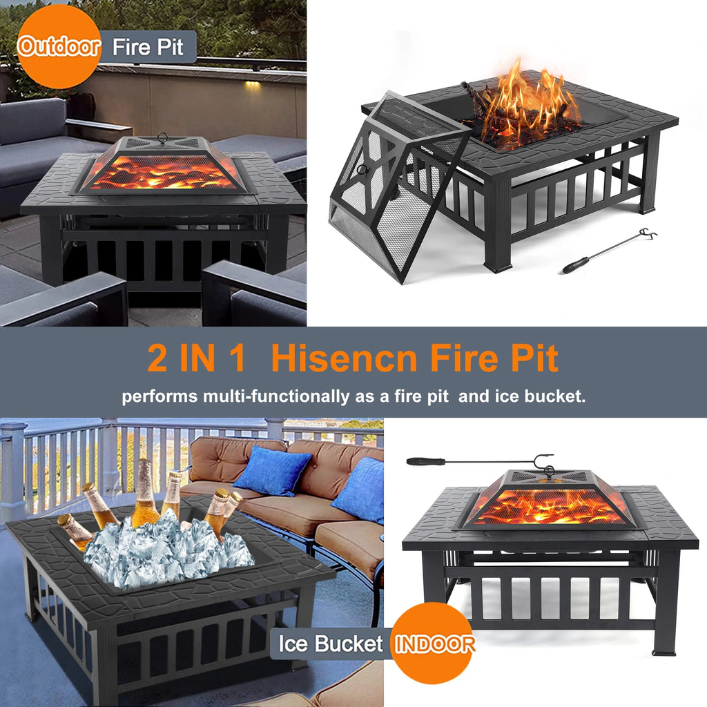 32 Square Metal Fire Pit Table with Spark Screen & Log Poker R899306