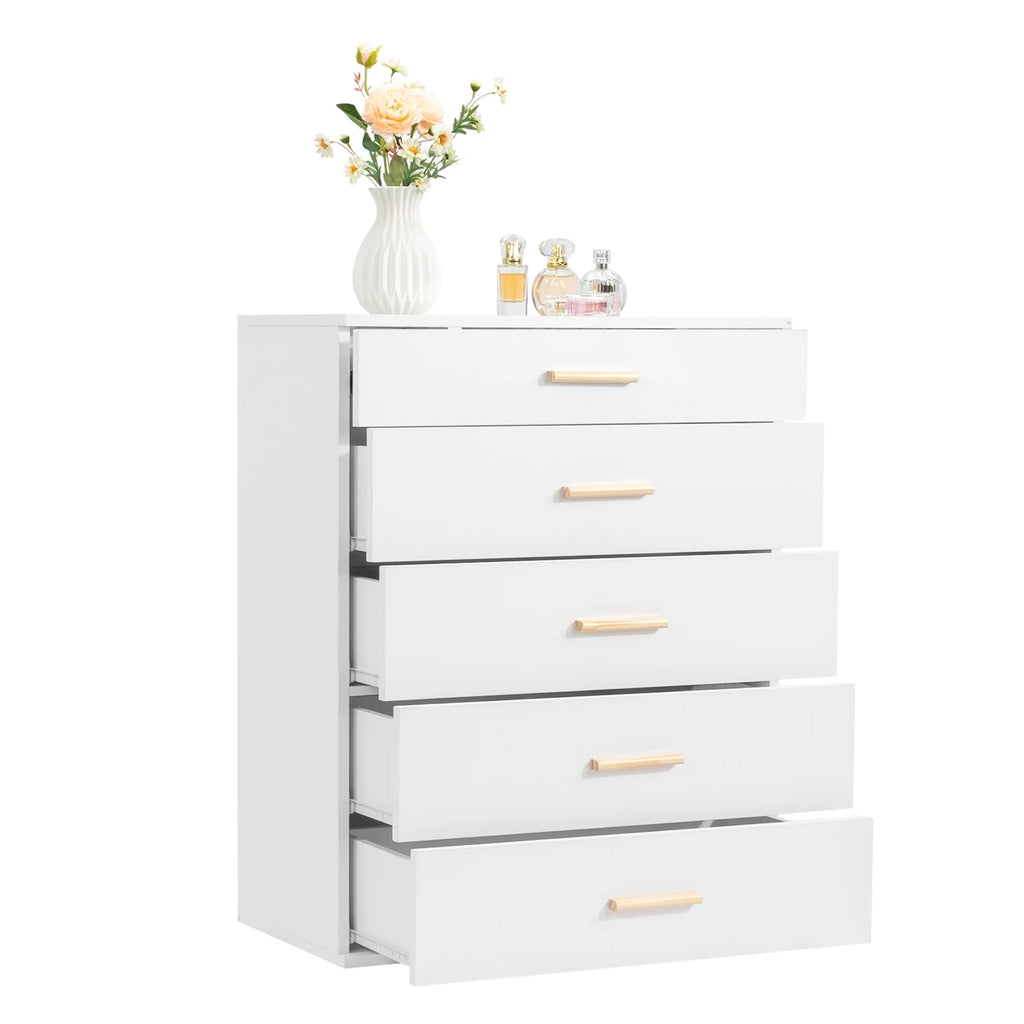 Black 5 Drawer Wood Dresser with Tempered Glass Top F753