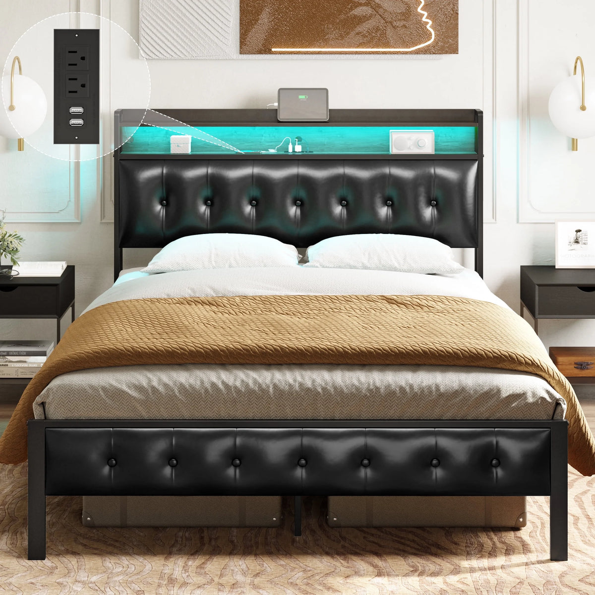 Queen Upholstered Platform Bed Frame with Storage Headboard F761144