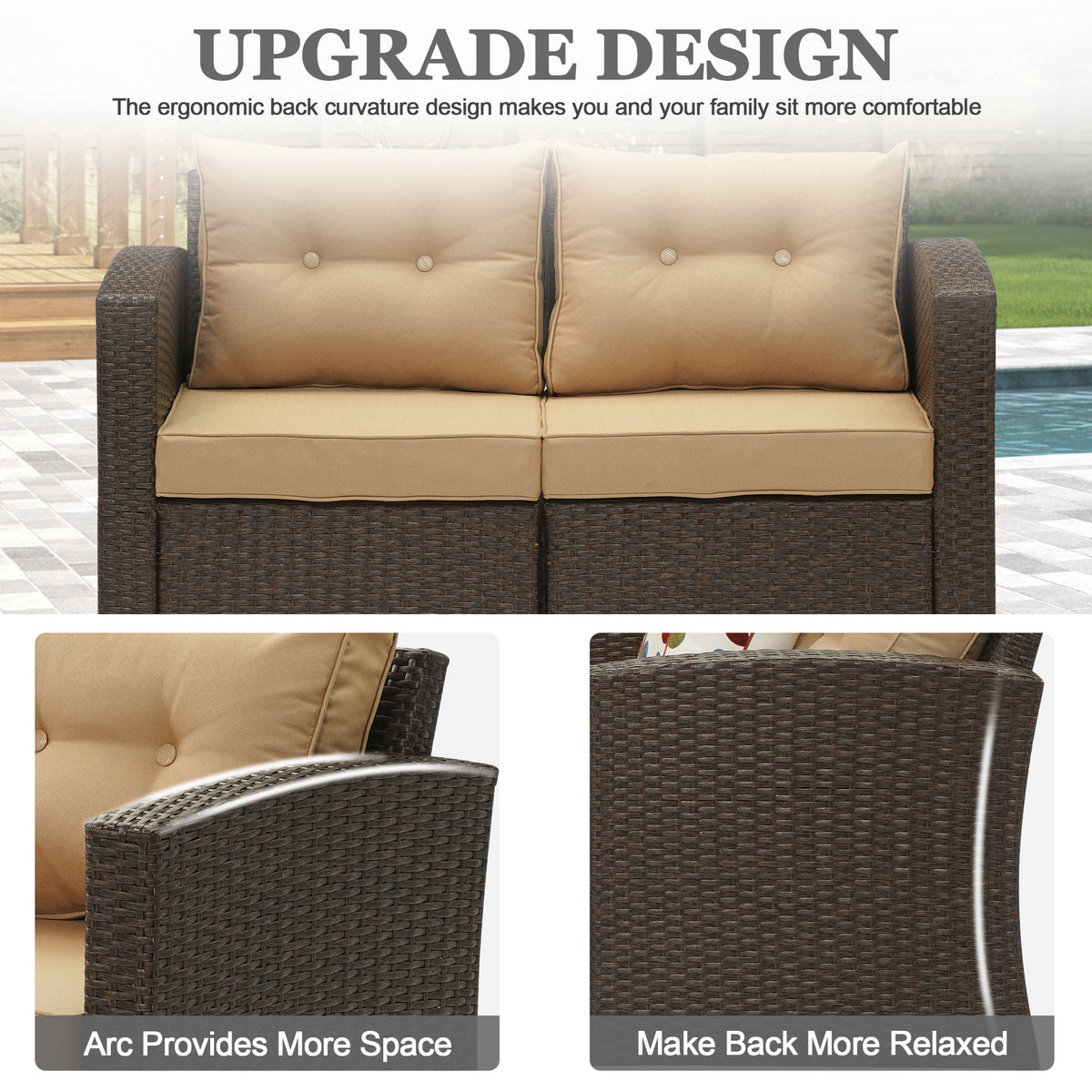 Brown Wicker Rattan Corner Sofa with Beige Cushions E332