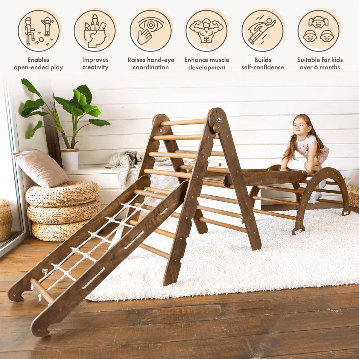 4-in-1 Wooden Foldable Indoor Playground with Climbing Arch Slide Board and Net A14204