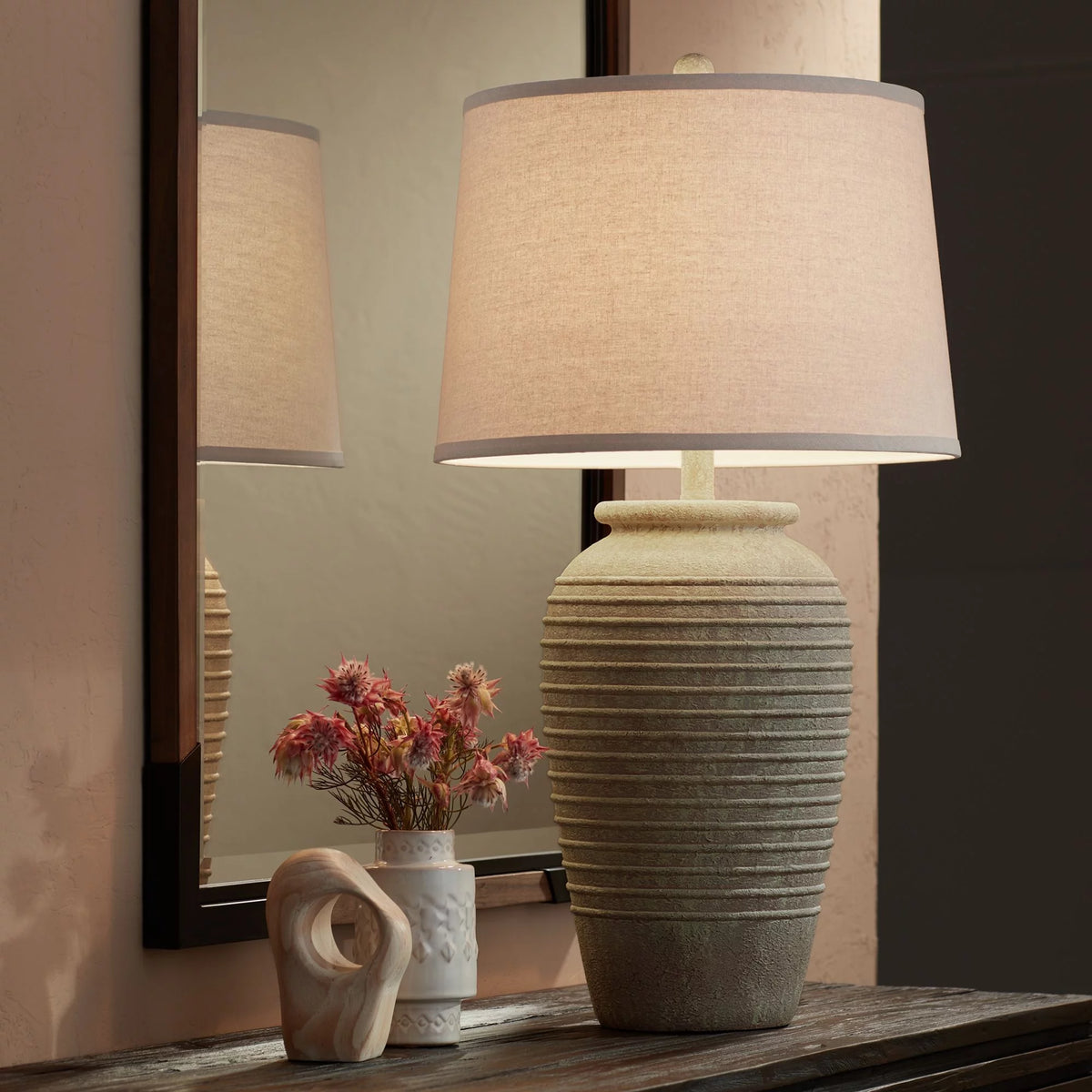 28" Tall Table Lamp with Cream Linen Drum Shade V74842