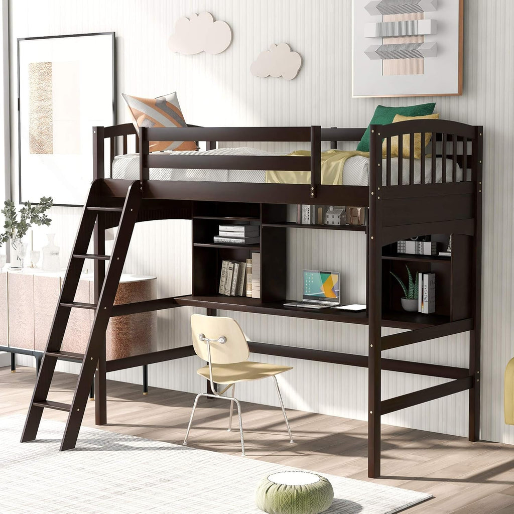 Twin Size Solid Wood Loft Bed with Desk and Storage Shelves N70158